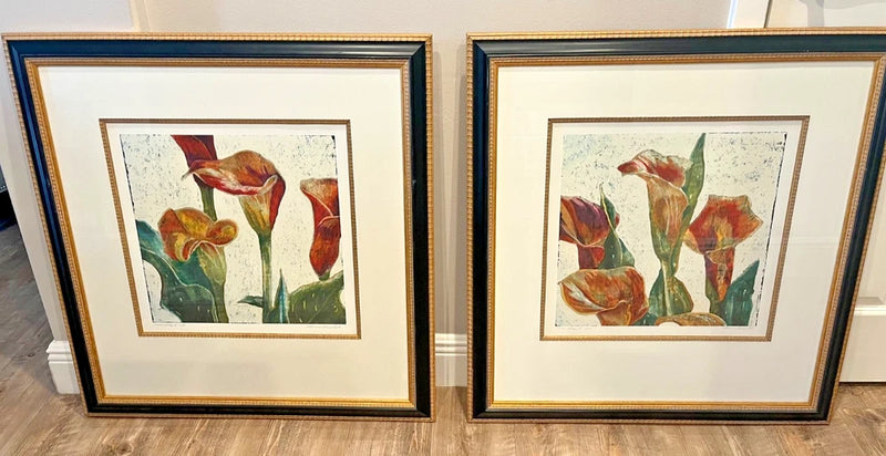 Set of 2 framed calla lily flower lithographs with red, orange, and green blooms