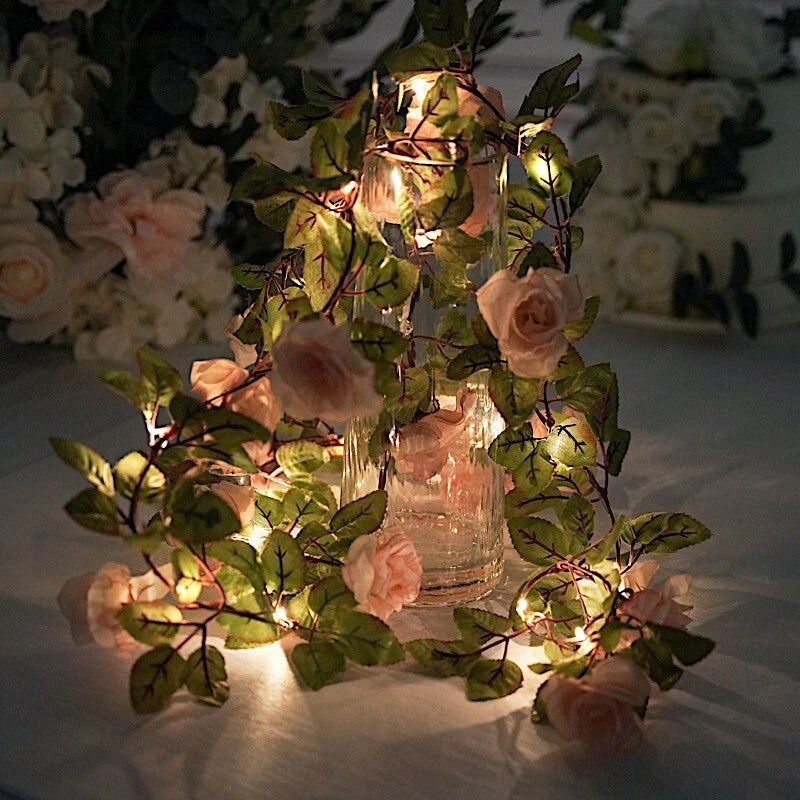 BLUSH 7 ft LED Roses Leaves Garland Battery Operated FAIRY LIGHTS Party Supplies Bouquet