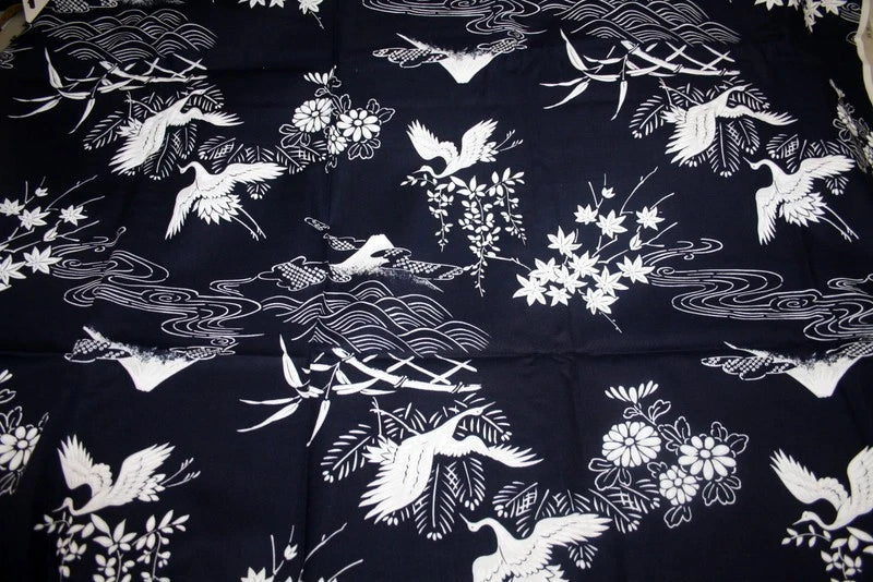 WHITE CRANES AND FLOWERS ON DEEP NAVY BLUE - 100% COTTON FABRIC Flowering Plants
