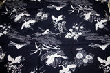 WHITE CRANES AND FLOWERS ON DEEP NAVY BLUE - 100% COTTON FABRIC Flowering Plants