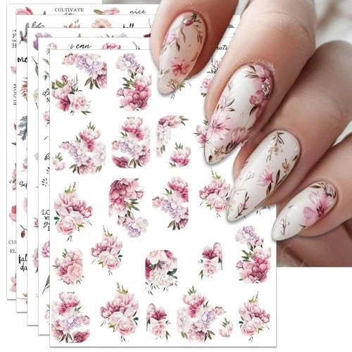 Peony floral nail art stickers sheets with pink flower and leaf designs