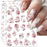 Peony Flower Nail Art Stickers - Pink Floral Leaf Self Peony Flower, 6 Sheets Peony