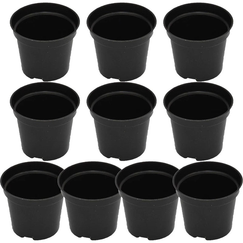 Set of 10 black plastic plant pots with drainage holes, various sizes