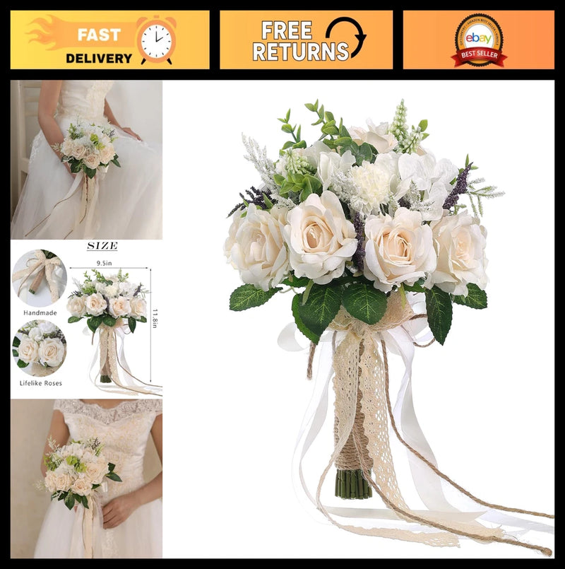 Large Wedding Bouquets for Bride & Bridesmaid - White Champagne Artificial Roses Bouquet