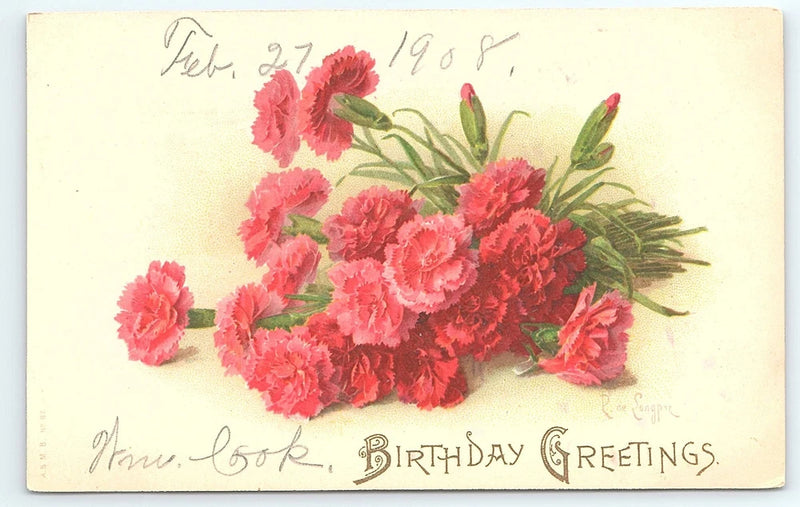 Postcard Birthday Greetings Carnation Bouquet Artist Signed Rae Songpre c1908 Carnation