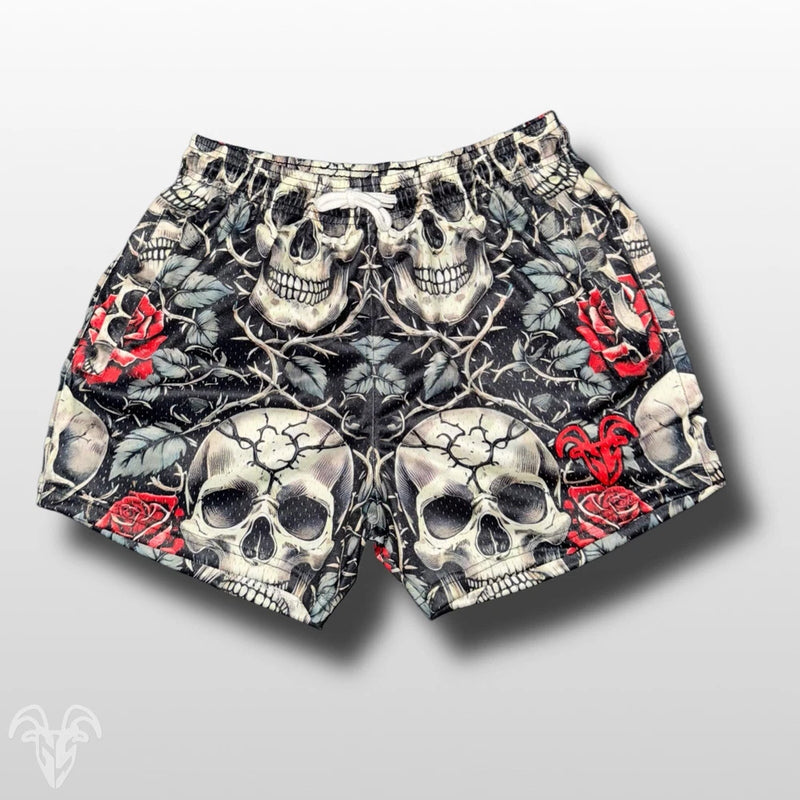 Black mesh gym shorts with skull-and-rose print, drawstring waist, zipper pockets, 5-in inseam