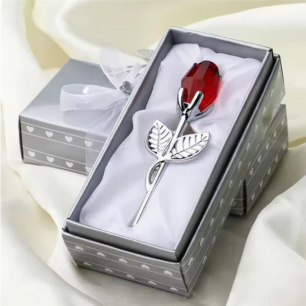 Crystal red rose artificial flower with silver stem, shown in gift box