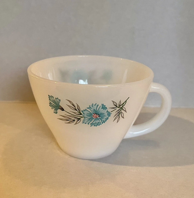Vintage Fire King Oven Ware Bonnie Blue Carnation Flower Coffee Tea Cup Mug Carnation