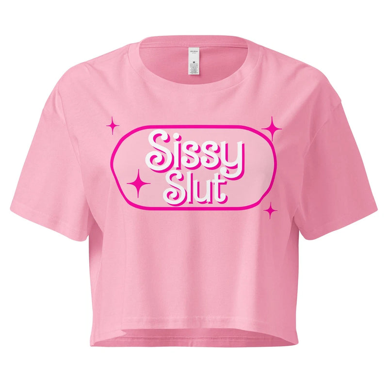 Pink short-sleeve crop top with neon 'Sissy Slut' graphic logo