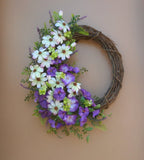 19" Purple Petunia Cream Daisy Hydrangea Floral Summer Grapevine Door Wreath Hydrangea