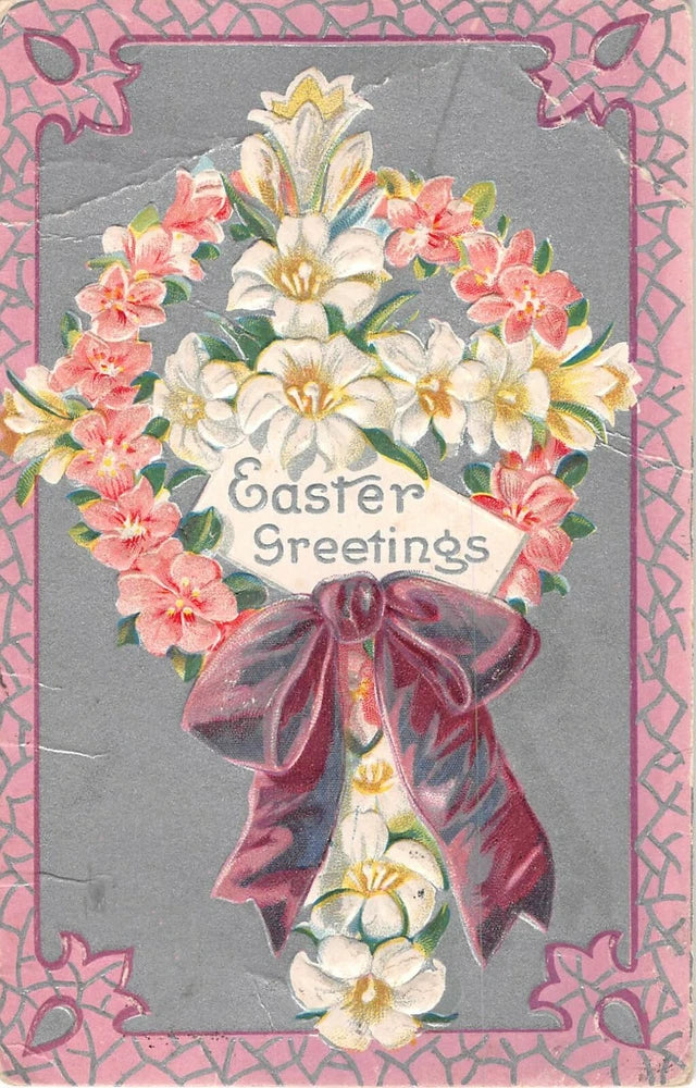 Easter greeting card with pink flower wreath, lily cross, and purple bow decoration