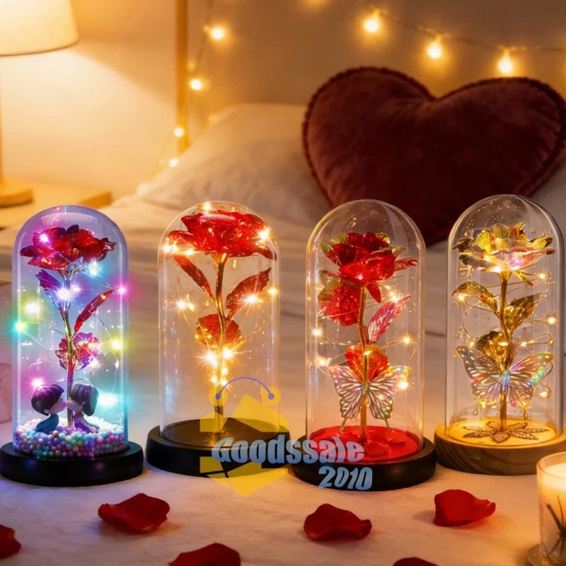 LED rose flower light in glass dome, multicolor glowing rose inside