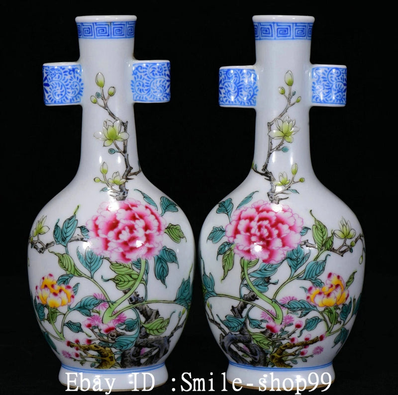 7" Old Qing Dynasty Enamel Colour Porcelain Peony Flower Vase Bottle Pair Peony