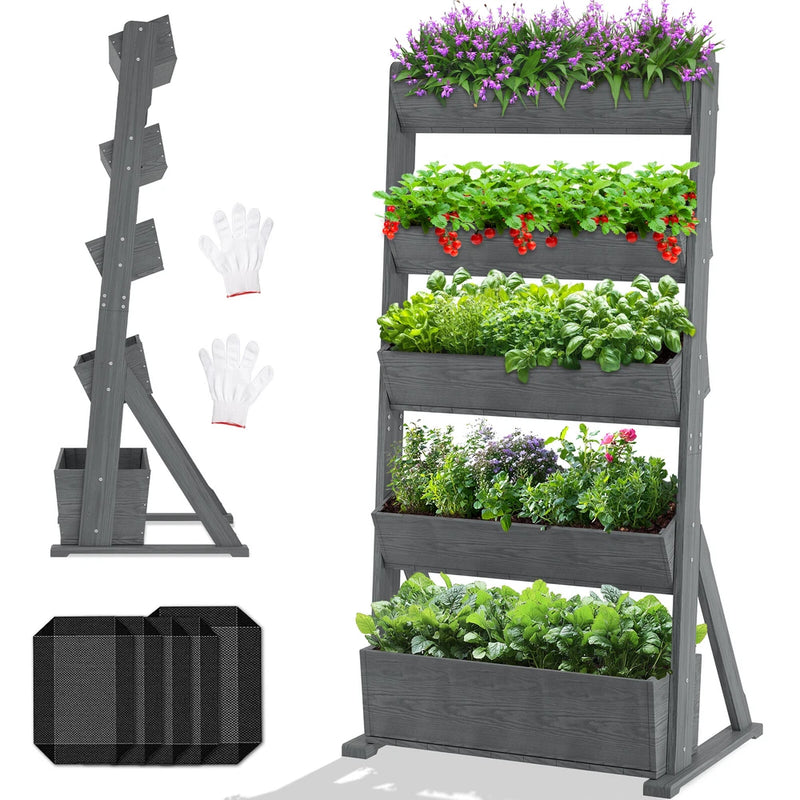NAIZEA 5-Tiers Wooden Raised Garden Bed Planter Box Flower Rack Flower Pot Stand Garden Plants