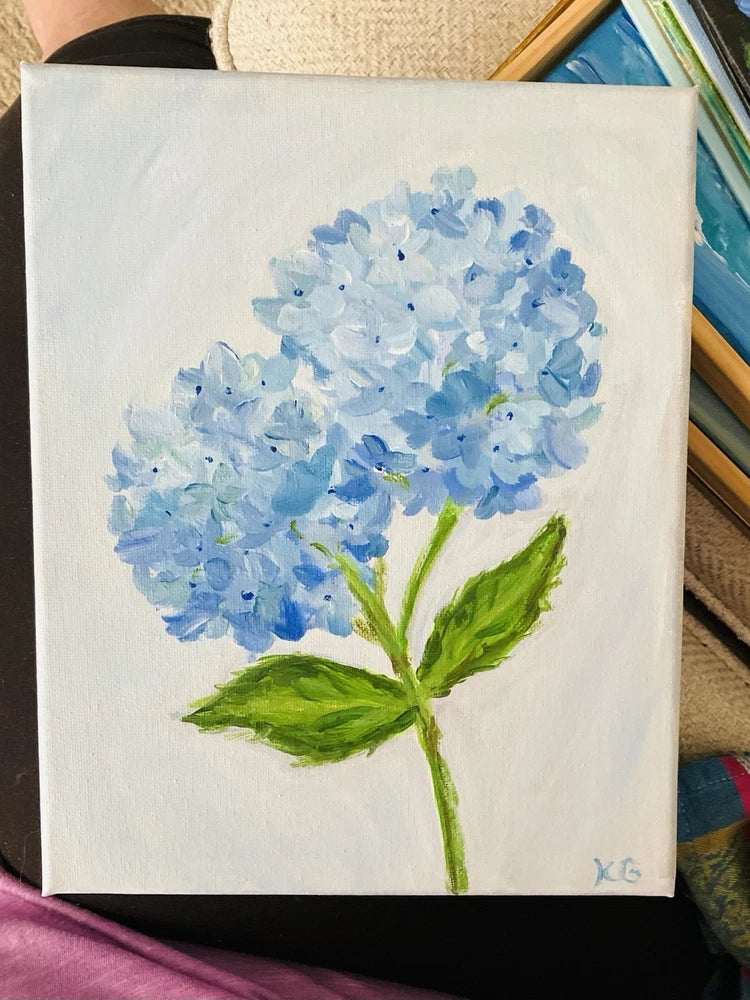 Vibrant Blue Hues Of a 8Ó X 10Ó Painting On Canvas Of Hydrangeas. Hydrangea