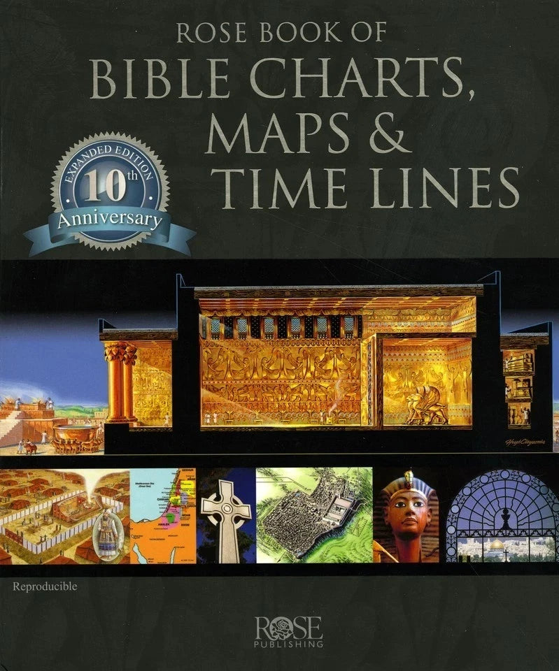 Rose Publishing Bible charts and maps book cover with 10th anniversary badge, full-color graphics