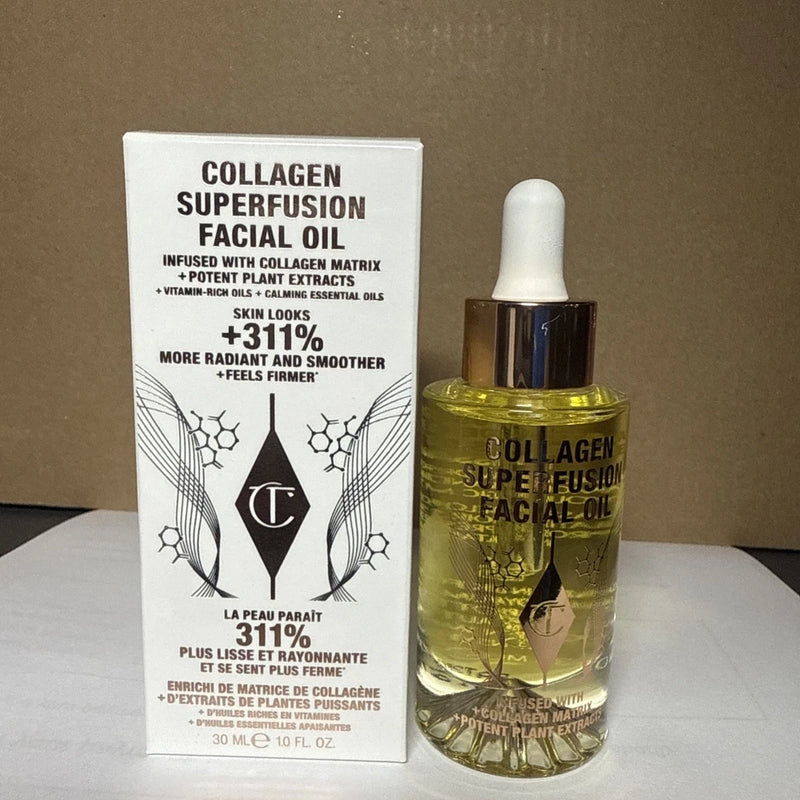 Charlotte Tilbury Collagen Superfusion facial oil in amber glass bottle with white product box