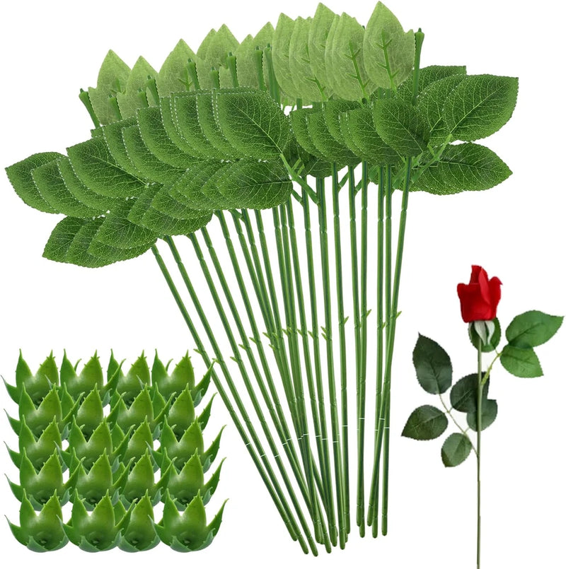 20PCS Floral Wire Stem with Leaves and 20PCS Artificial Flower Calyxes Set, for Green Plant