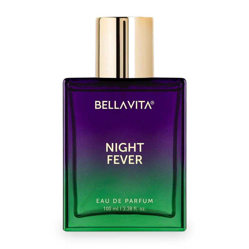 BELLAVITA Night Fever unisex eau de parfum bottle with gold cap, purple-to-green glass