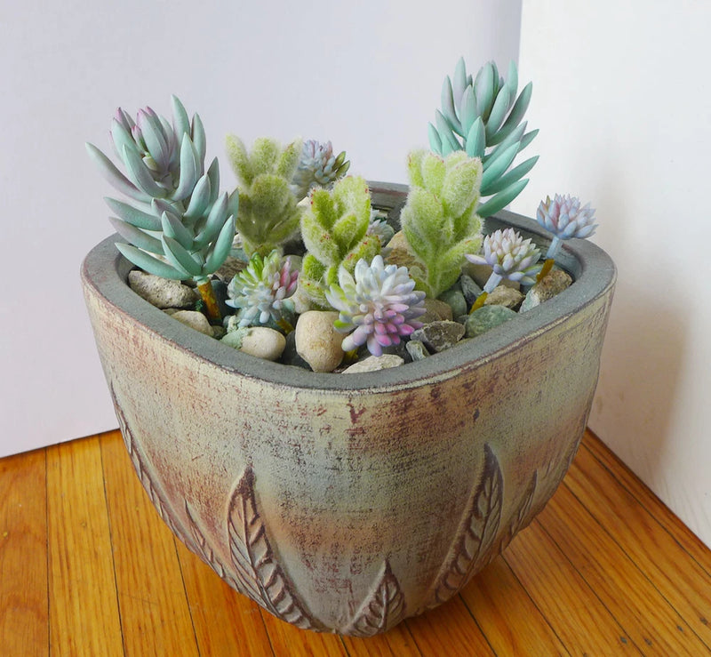 Artificial mini succulent plants in gray ceramic pot, gray-blue and green flocked leaves