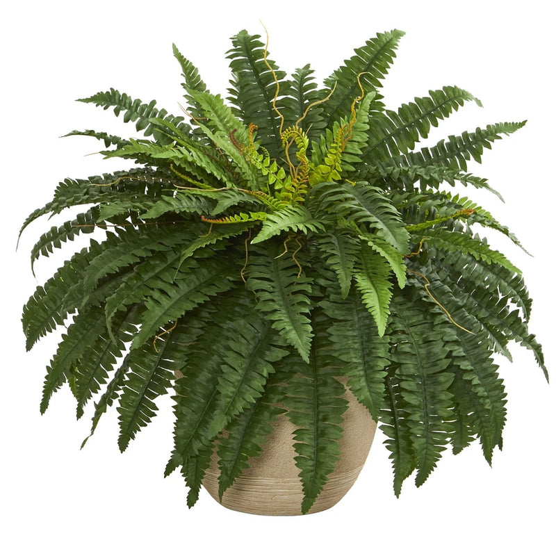 Nearly Natural 22Ó Boston Fern Artificial Plant In Sandstone Planter Home Decor Green Plant