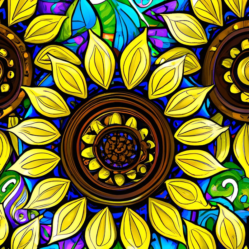 Yellow sunflower art sticker with circular floral design and bright petals, 4 inch
