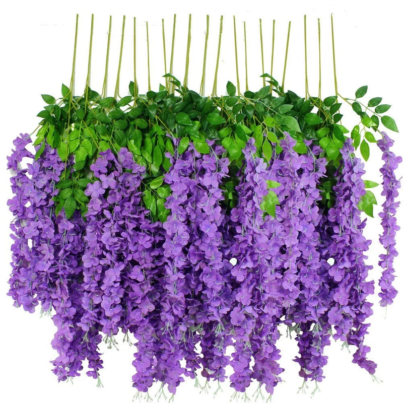 Artificial wisteria flower set with dense purple blooms and green leaves, hanging stems