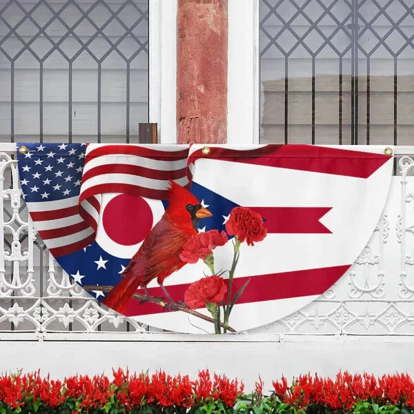 Ohio State Cardinal and Scarlet Carnation Flower Non-Pleated Fan Flag Carnation