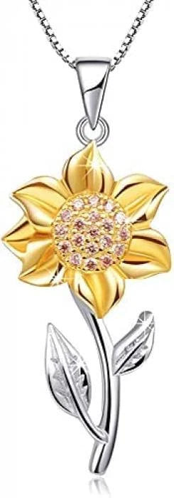 925 Sterling Silver Sunflower Necklace Gifts Gold Plated CZ Flower Pendant Chain Sunflower