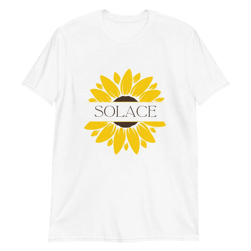 White t-shirt with yellow sunflower graphic and SOLACE text on the chest