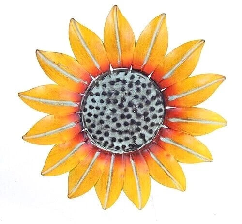 Sunflower metal wall art with hand-painted yellow and orange petals and speckled dark center