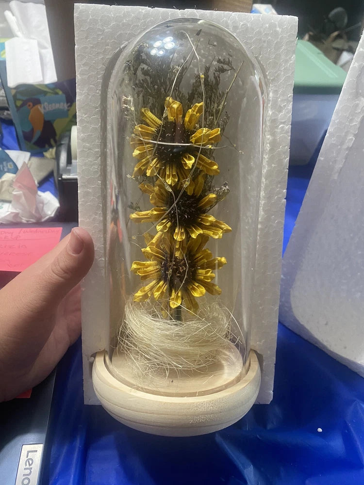 Gold artificial sunflower cluster in clear glass dome on white base