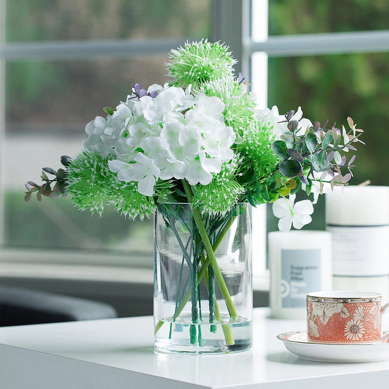 Mixed Artificial Silk Hydrangea and Greenery in Clear Glass Vase Hydrangea