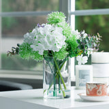 Mixed Artificial Silk Hydrangea and Greenery in Clear Glass Vase Hydrangea