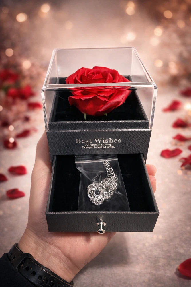 Romantic flower gift box with red rose and heart pendant necklace