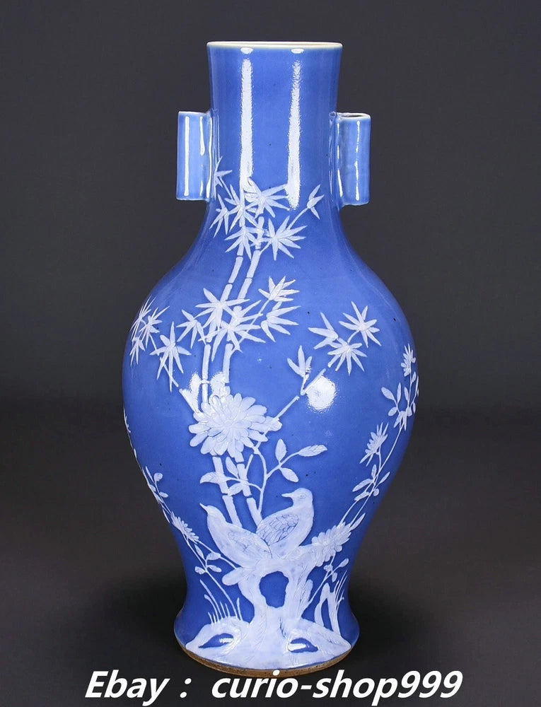 Blue and white porcelain vase with twin handles, white bamboo and bird motif