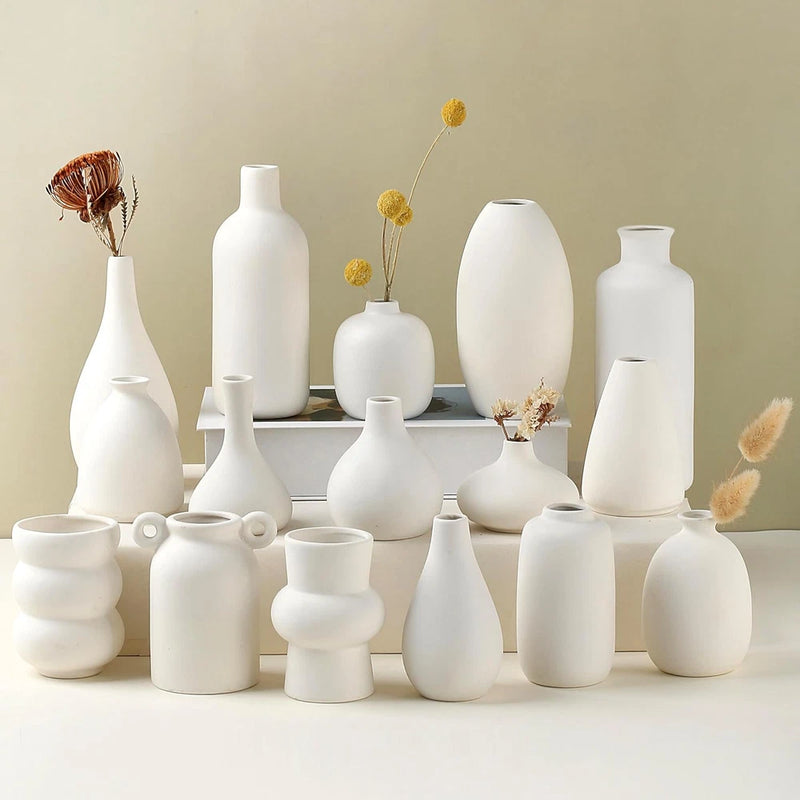 Set of 16 White Ceramic Bud Vases, Minimalist Boho Small Pampas Grass Flower Vas Pampas Grass