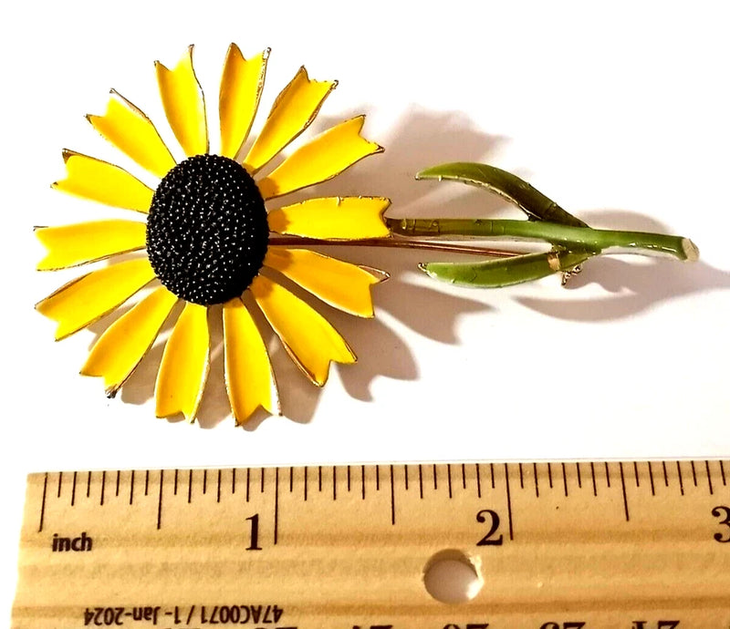 Vintage  Gold Color Enamel Over Metal 3" SUNFLOWER Brooch Sunflower