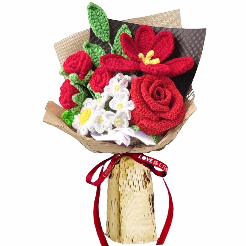 Crochet flower bouquet with red roses, white daisies, and green leaves in a wrap