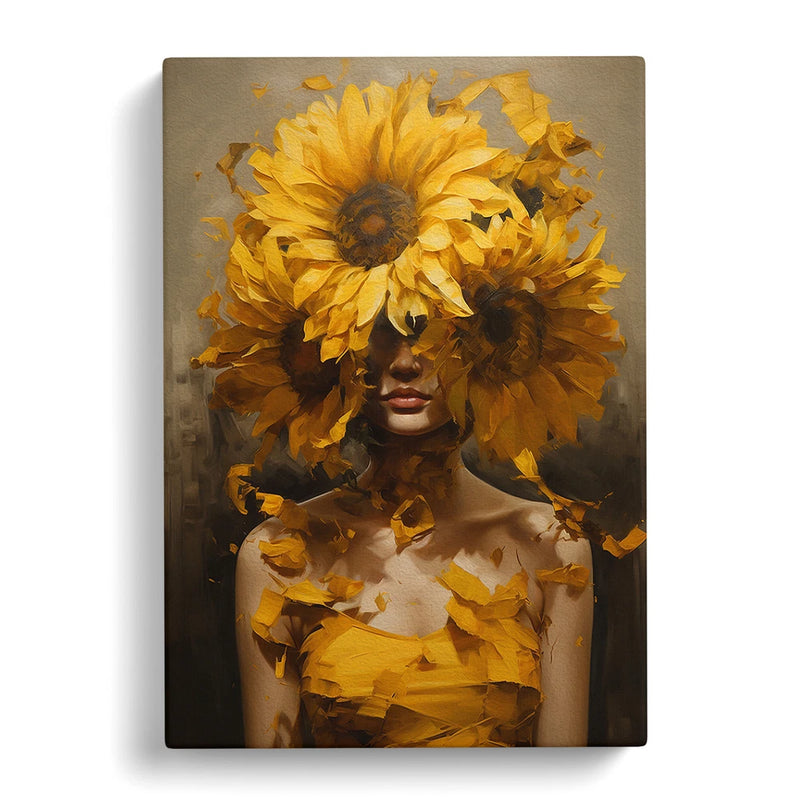 Framed canvas wall art print with a woman portrait surrounded by yellow sunflower blooms