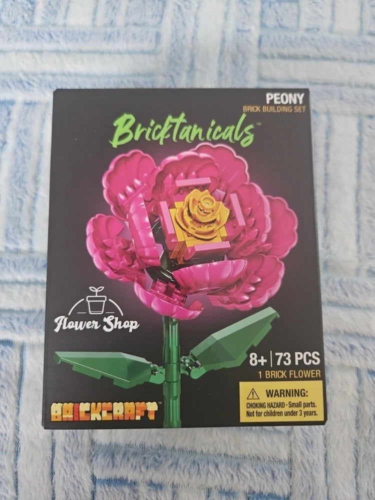 Bricktanicals peony flower brick building set box with pink peony and 73 pieces