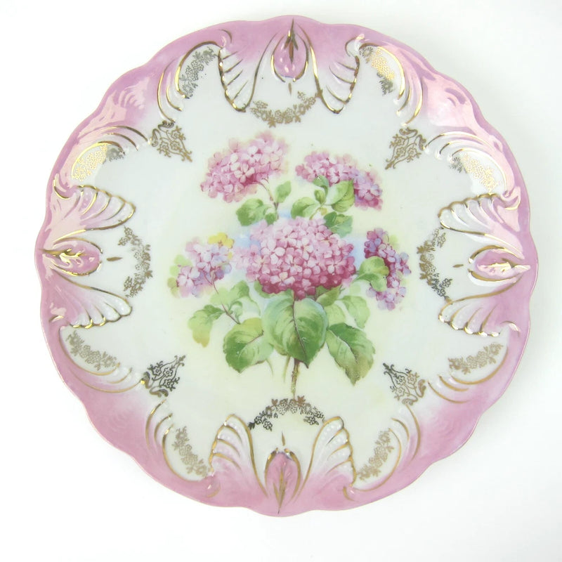 Antique Porcelain Plate Hydrangea Flowers Pink Rim Gold Accents 8" Ideal Germany Hydrangea