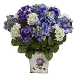 Nearly Natural Mixed Hydrangea with Floral Planter in Blue Hydrangea