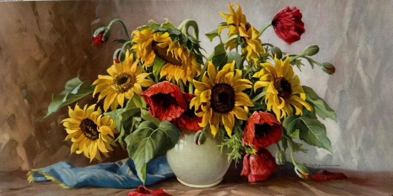 Vintage Erich Kruger Floral Print Poppies Sunflowers 1950s Germany 7x15 Sunflower