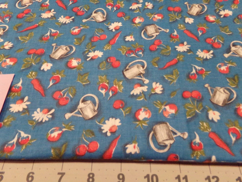 1 YD  X 38" VINTAGE  GARDEN  VEG. FLOWERS WATER CAN  TOSS/  NEW COTTON #02 Flowering Plants