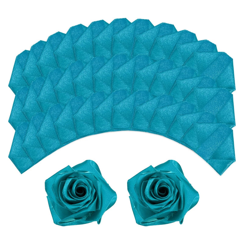 Peacock blue satin ribbon rose petals with two rose flowers, premade bouquet pieces