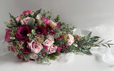 Cascading Wedding Bouquet Hot Pink Dusty Pink Roses Berry Flower Eucalyptus Gum Bouquet