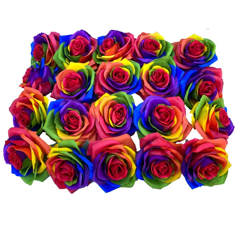 Rainbow artificial silk rose flower set, 18 multicolor bloom heads