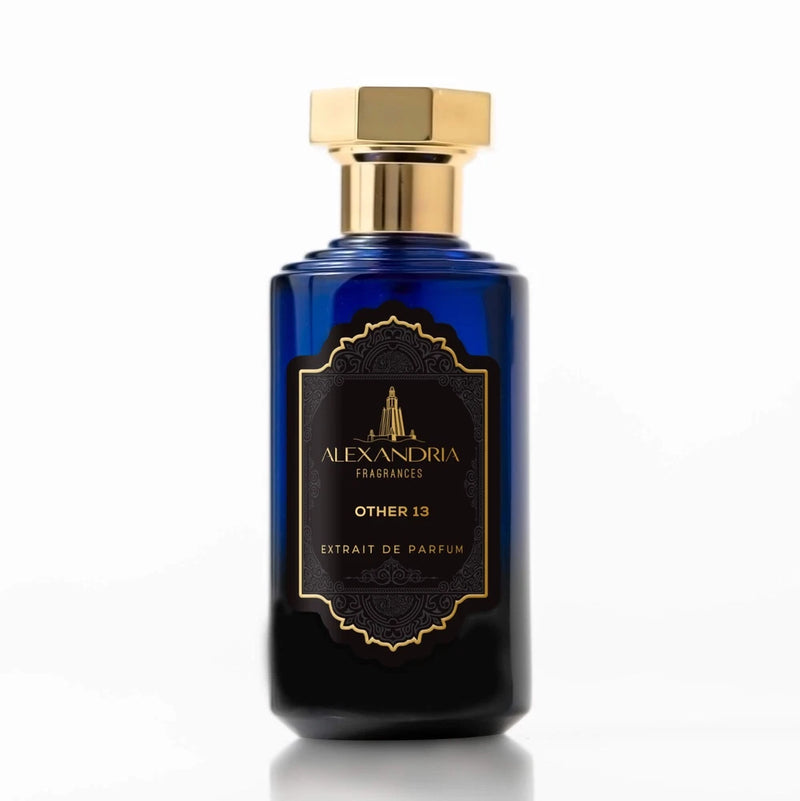 Alexandria Fragrances EDP perfume bottle with dark blue glass, gold cap, black label