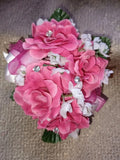 NEW 4" Long Artificial Hot Pink Rose Wrist Corsage With Rhinestones Bouquet